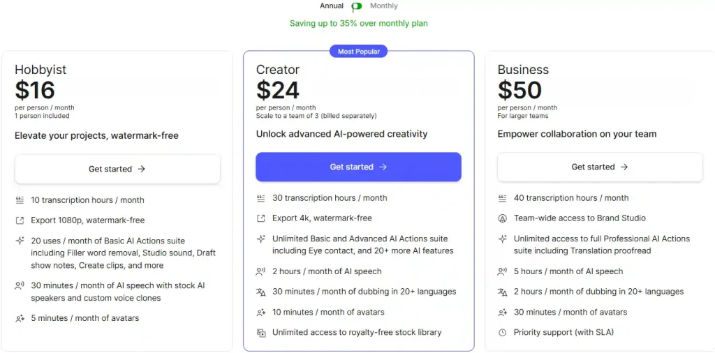 Descript Pricing Plans