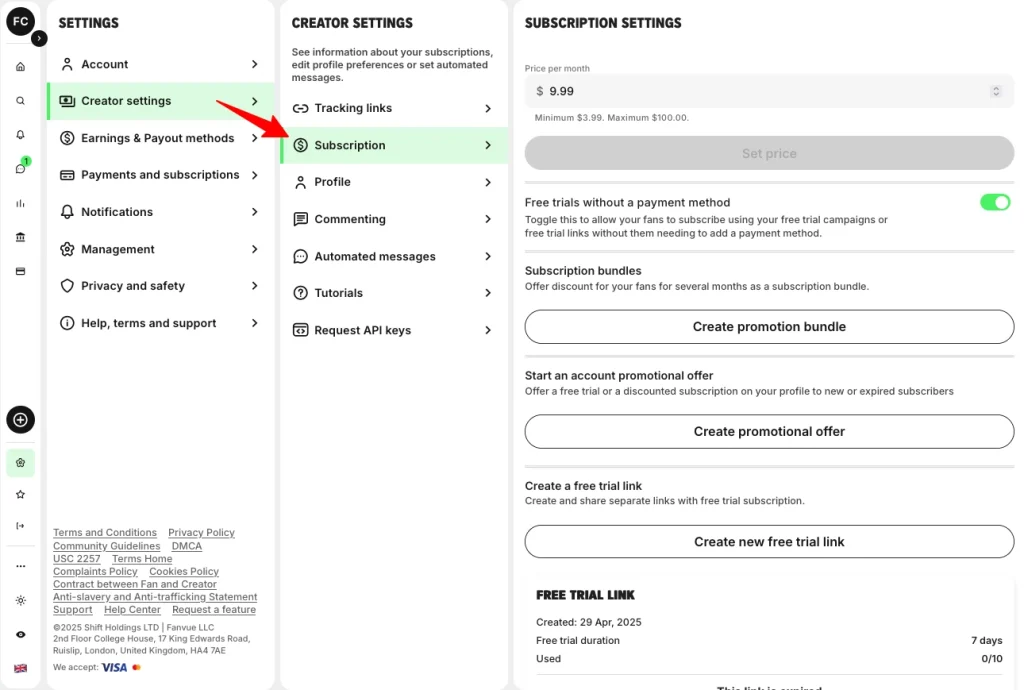 Fanvue Subscription Price Settings