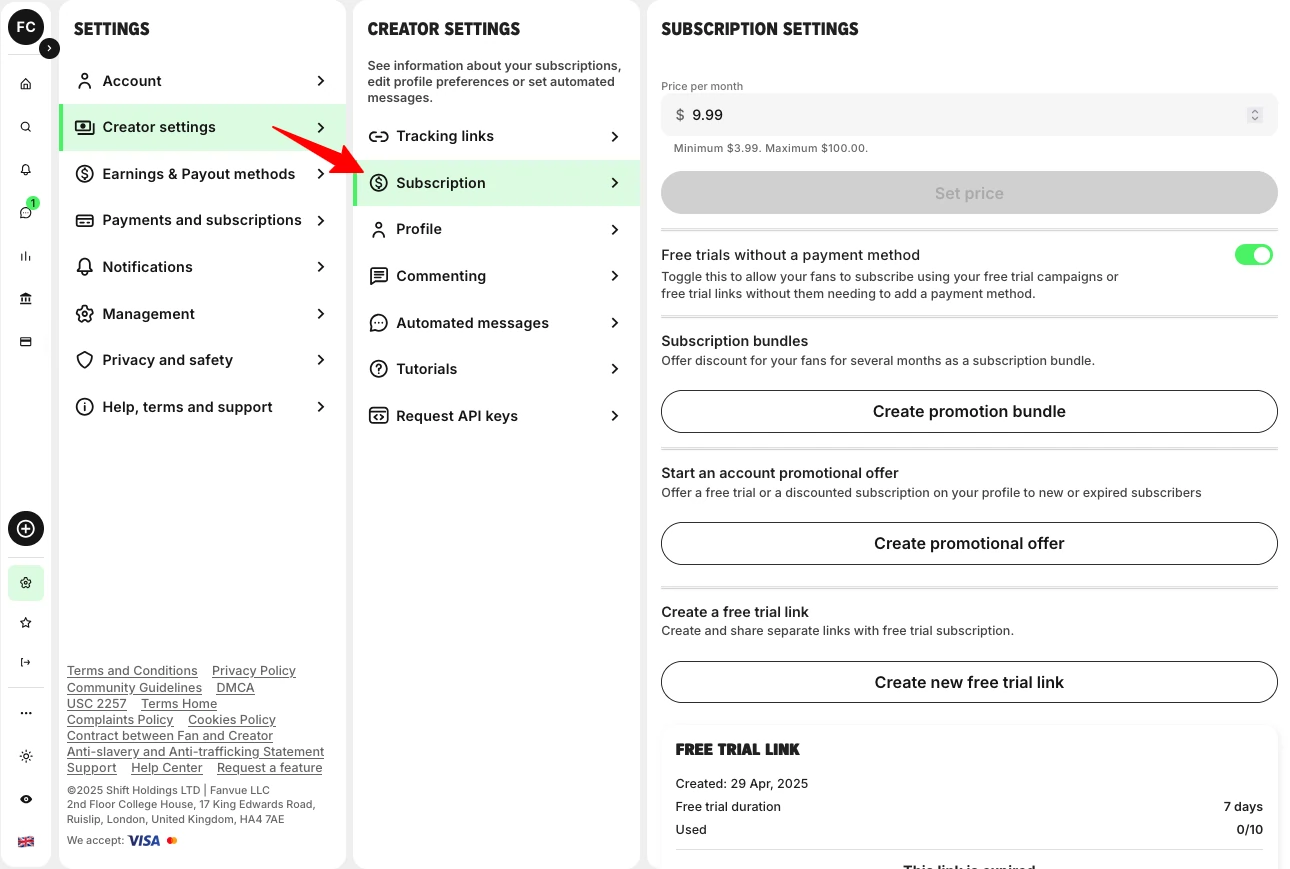 Fanvue Subscription Price Settings