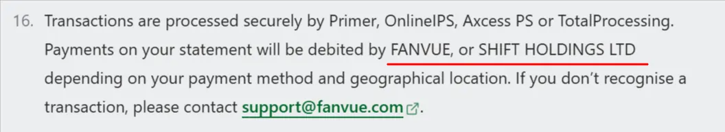 Fanvue's Billing Name