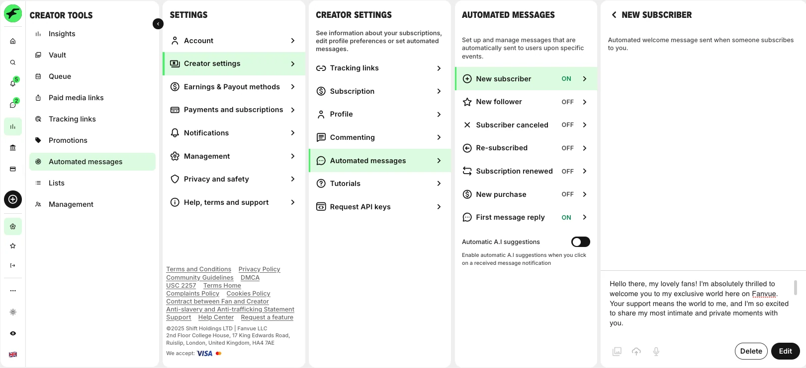 Fanvue Automated Message Setting