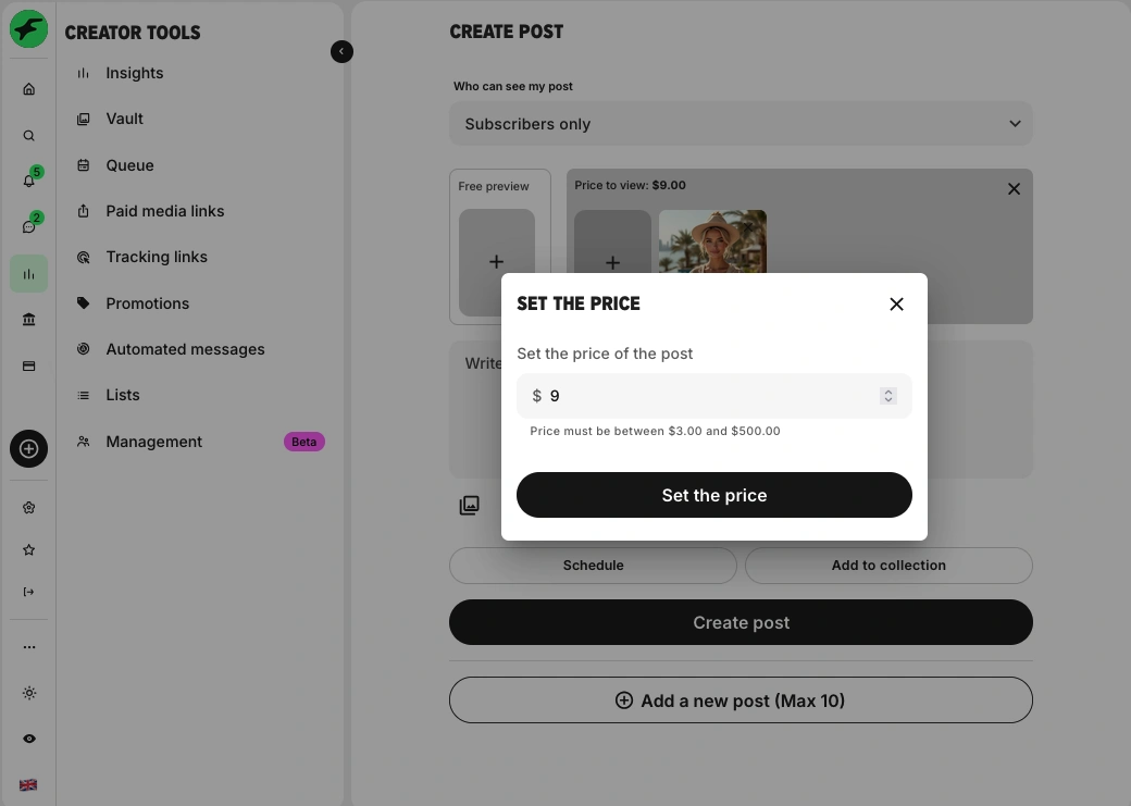 Fanvue - Set the Price Section