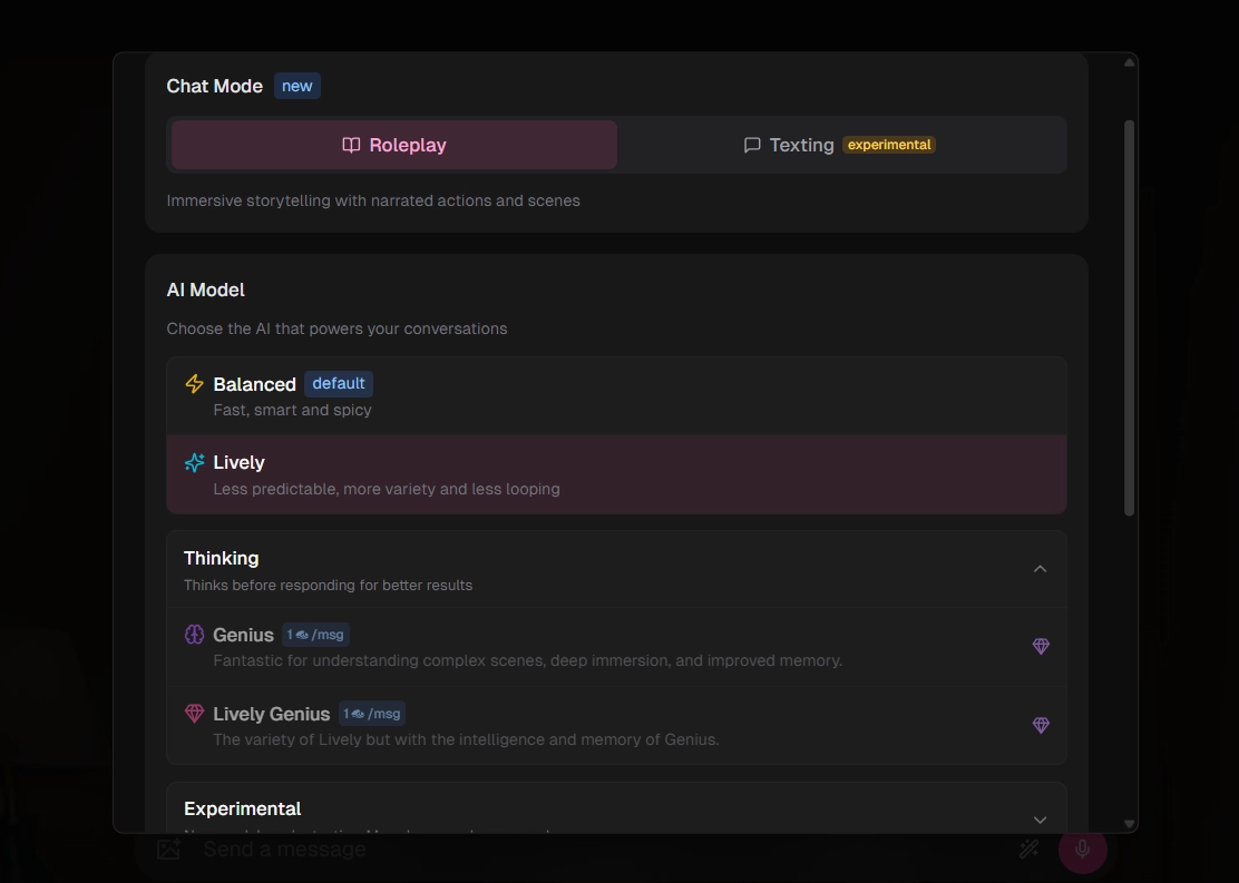 OurDream AI Chat modes & AI Writing Styles