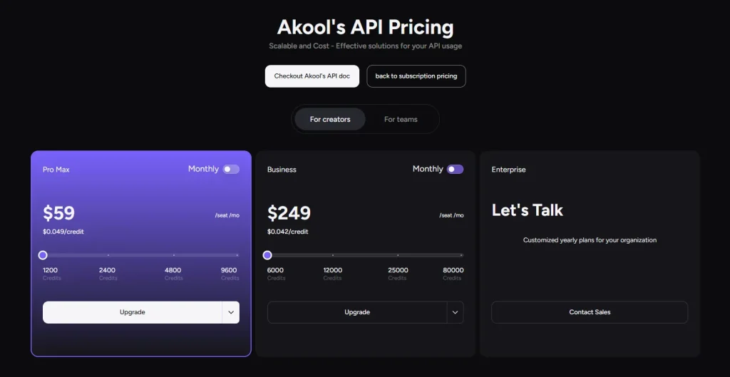 AKOOL API Pricing - Monthly Plans