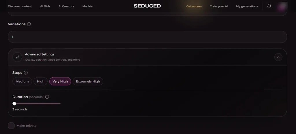 Seduced.ai - Video Generation Advanced Setting