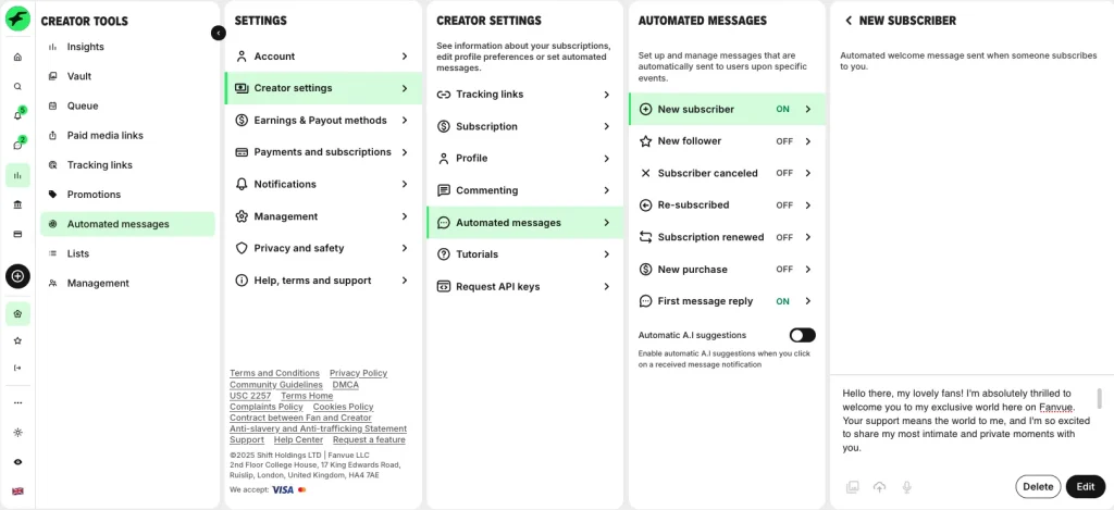 Fanvue Automated Messages Settings
